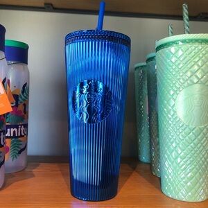 💙NWT💙Starbucks Summer 2024 Metallic Mirror Sapphire Blue Pleated Venti Tumbler